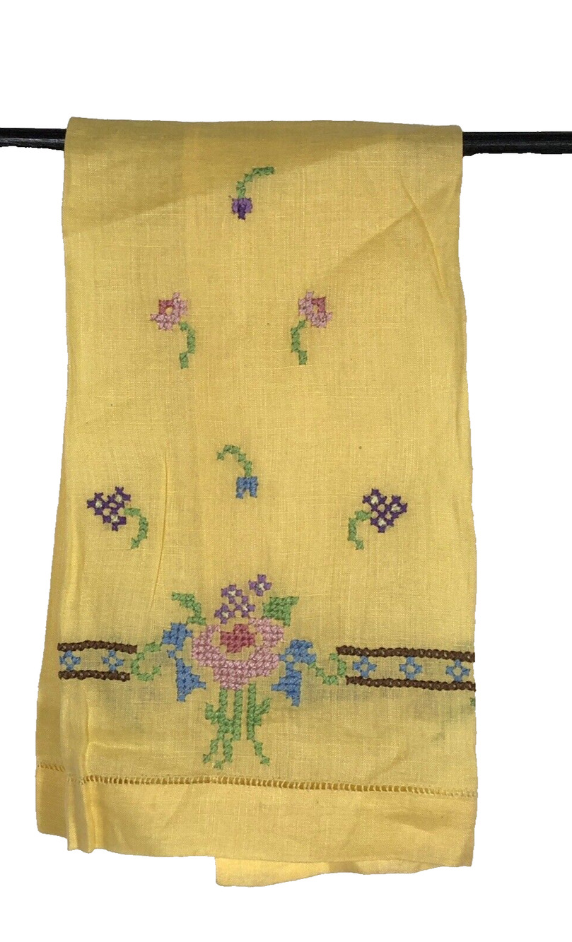 Vintage Tea Towel Yellow Cross Stitch Flowers Retro Shabby Chic Small Embroidery